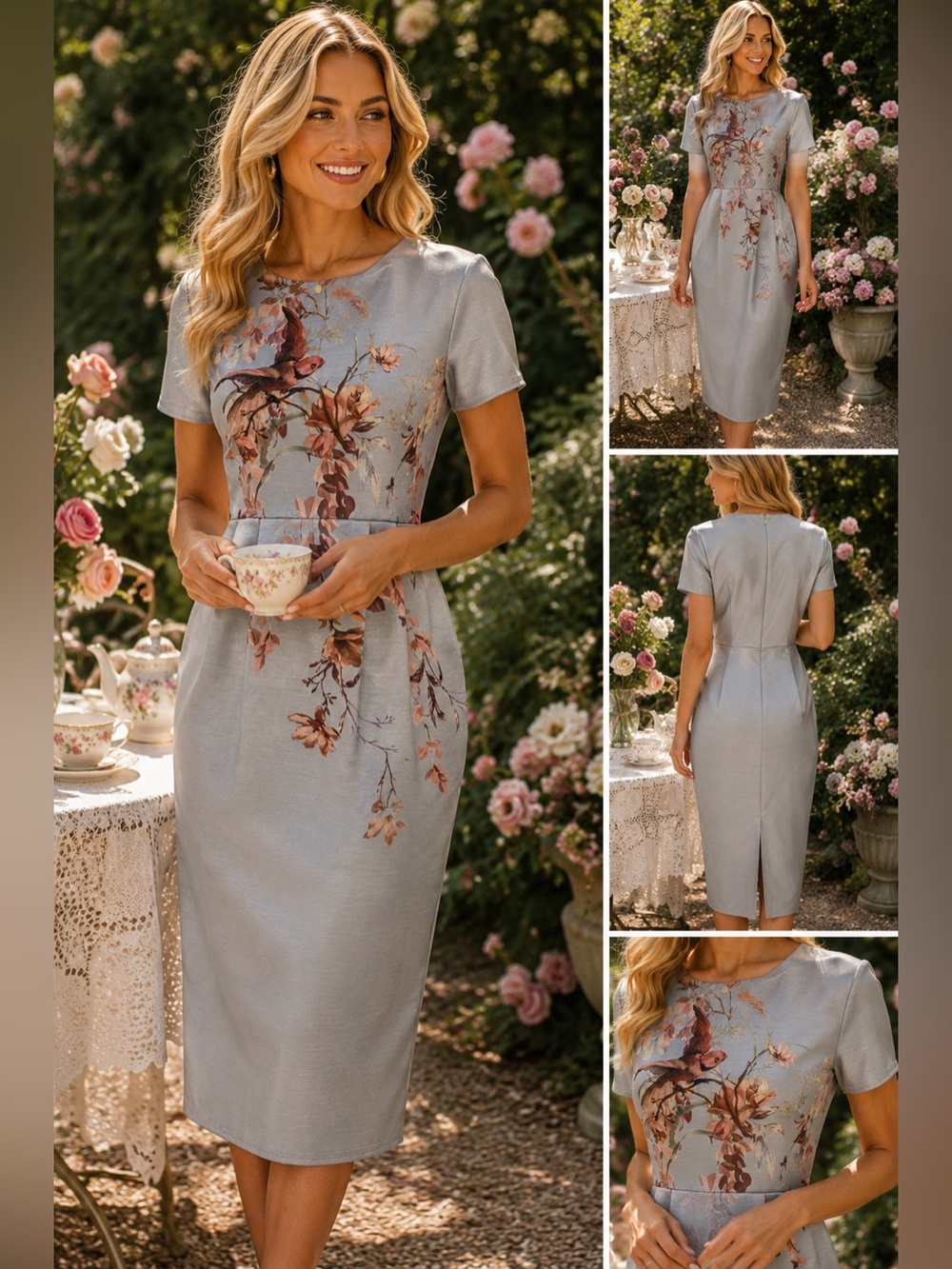 Hope & Ivy Silver Floral Bird Print Midi Sheath Dress M 8 Wedding Guest Luxury
